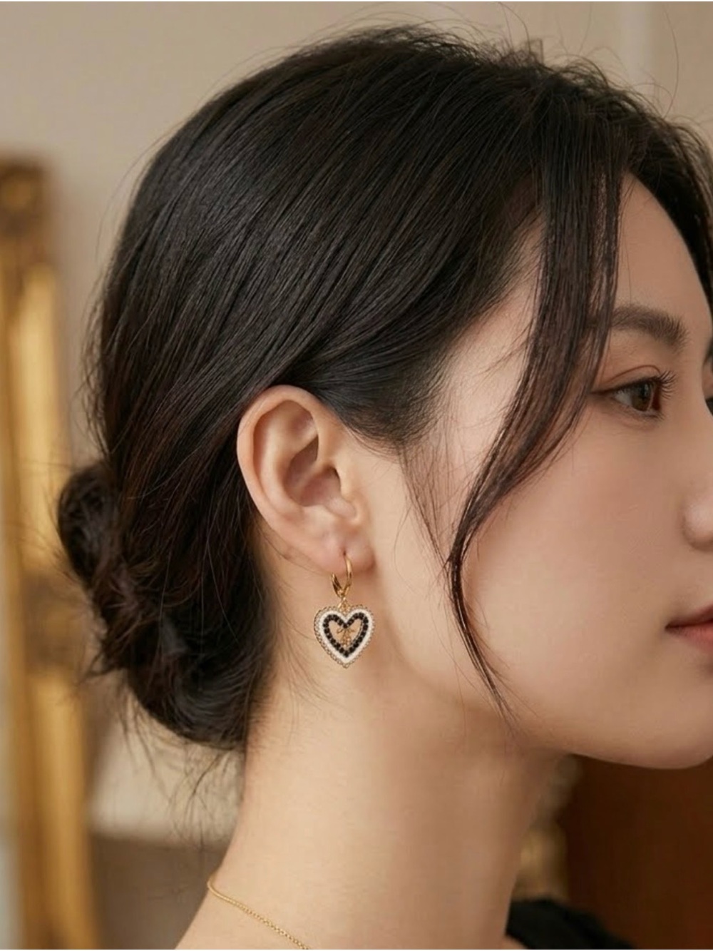 Gold Heart Drop Earrings with Black and White Beaded Detail